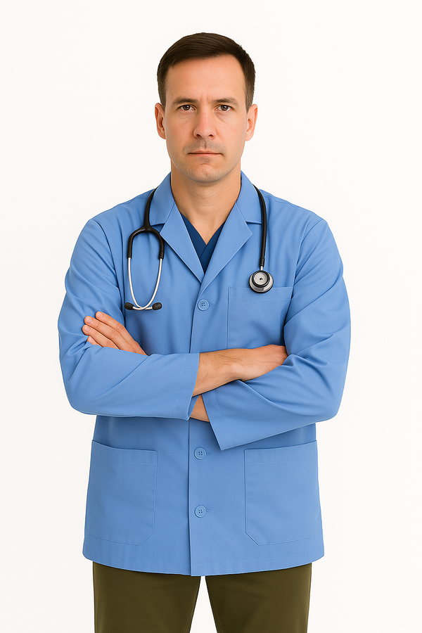 Doctor wearing a blue coat with arms crossed on a white background