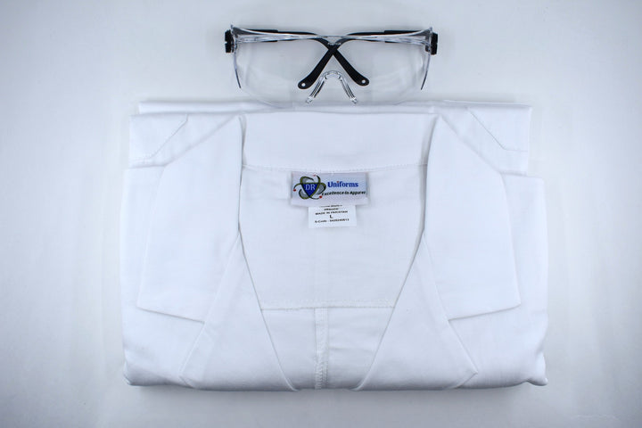 White lab coat with a name tag and safety glasses on a white background