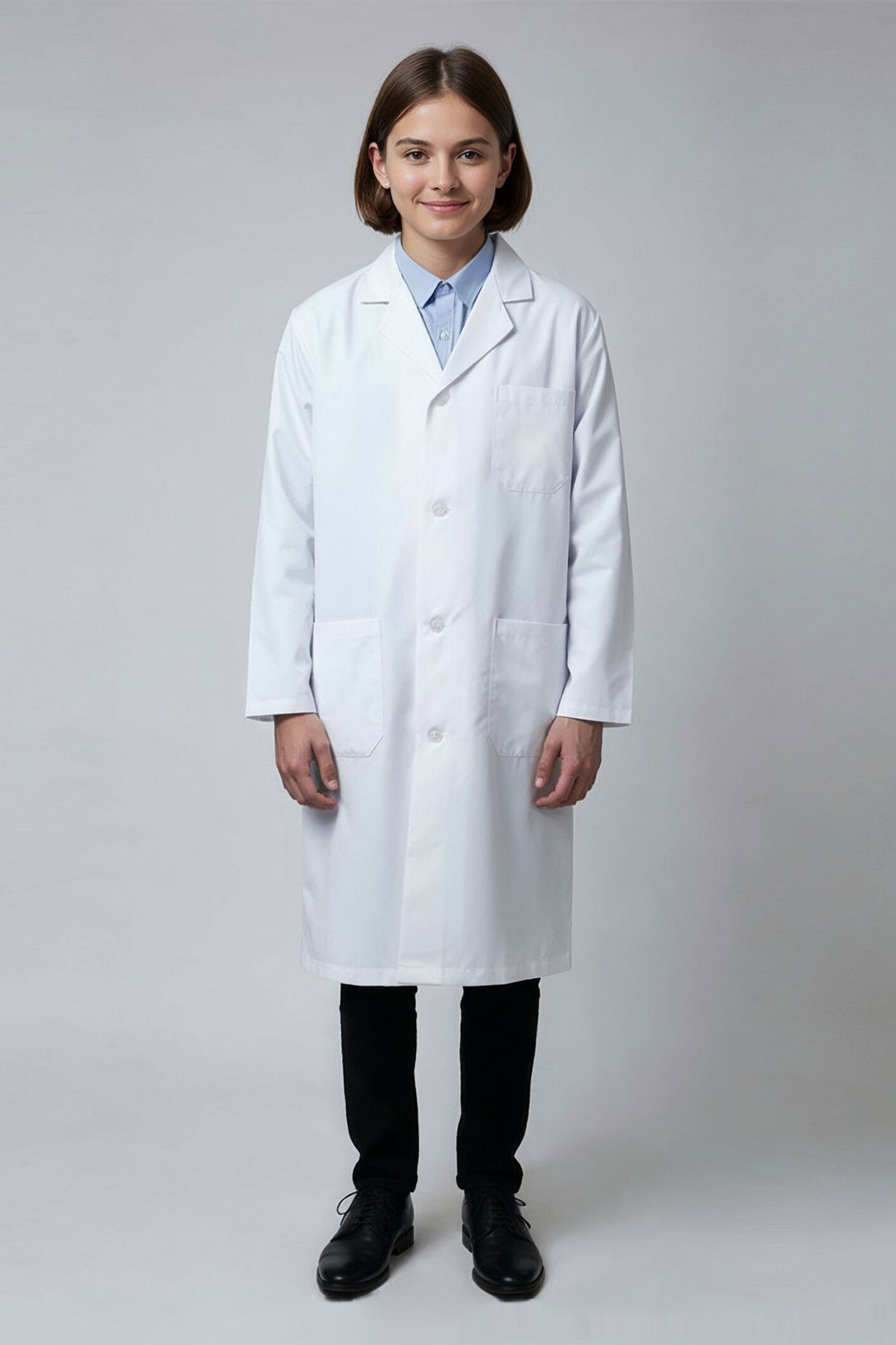 Person wearing a white lab coat on a plain background