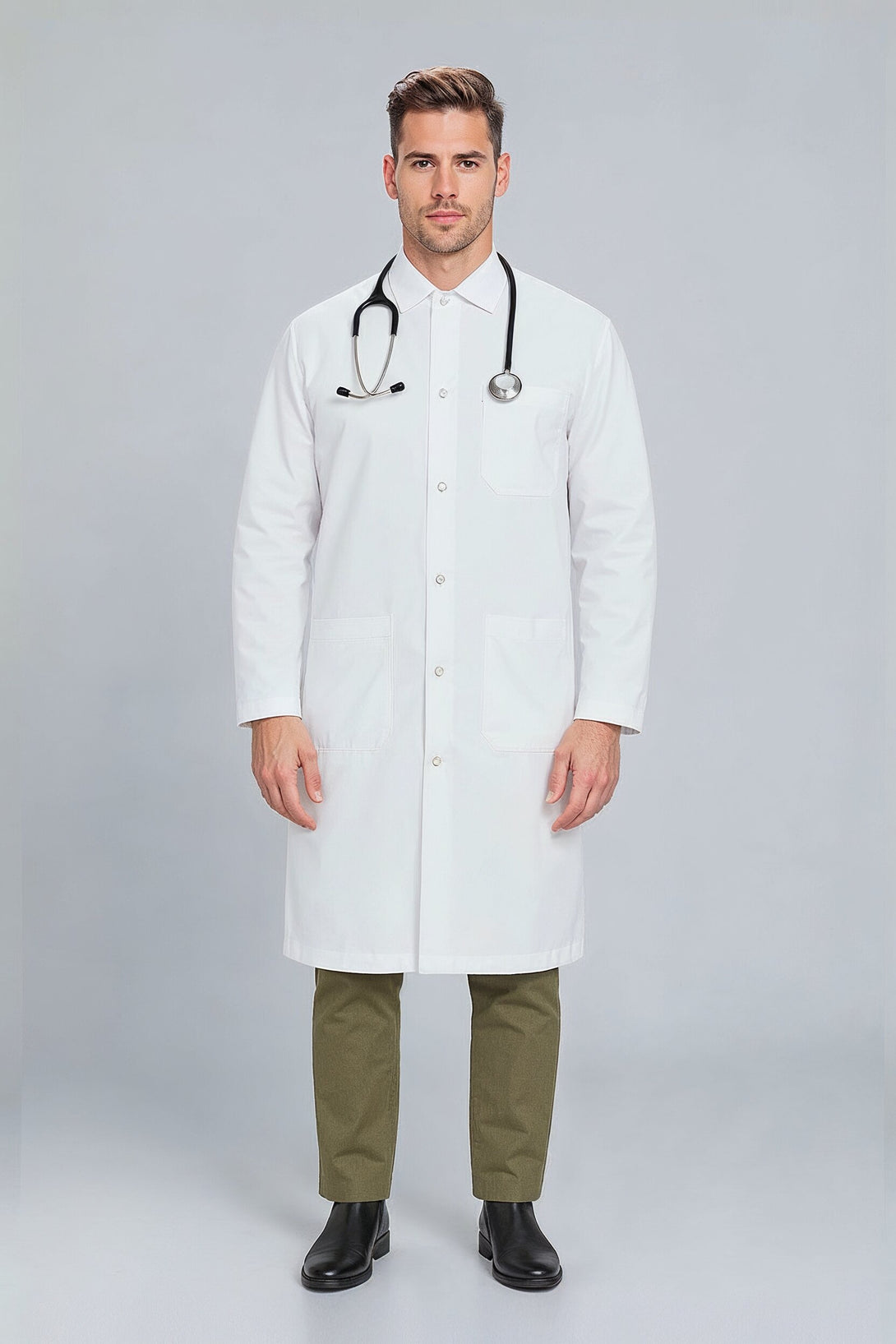 Man wearing a white lab coat over a white background