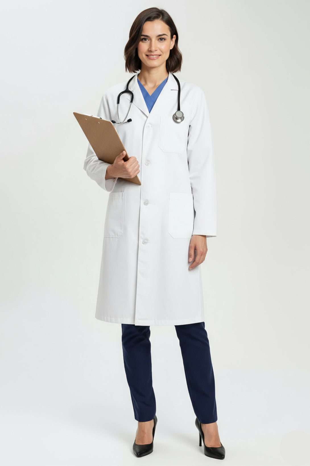 Doctor in a white coat holding a clipboard on a white background