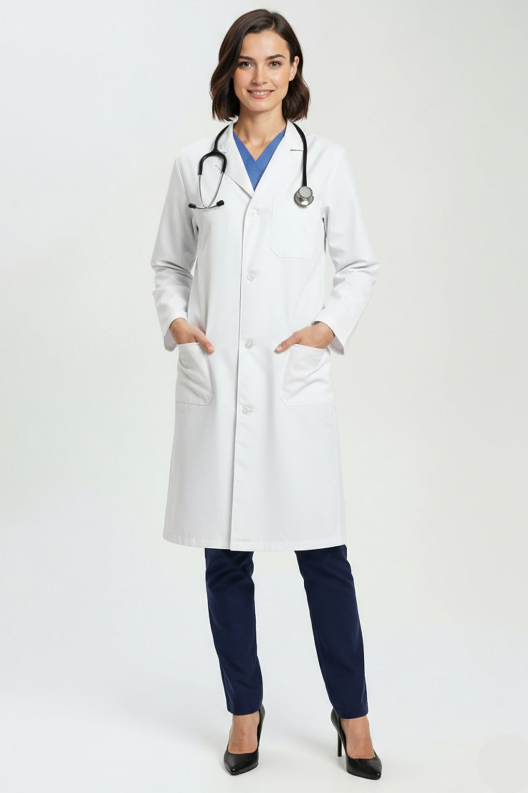 Person wearing a white medical coat with a stethoscope on a white background