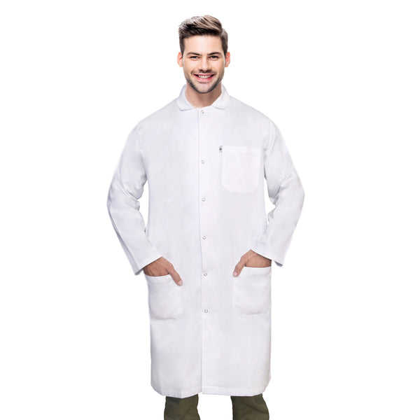 DR Uniforms Snap Closure Knee Length Long Lab Coat White